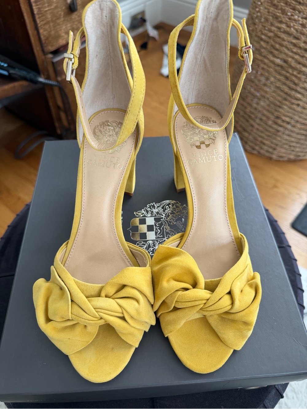 Vince Camuto Yellow Knotted Suede Block Heel Sandals